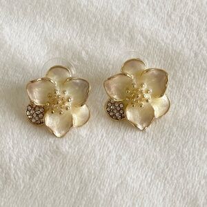 Gold and White Flower and Diamond Cluster Stud Earrings New NWT